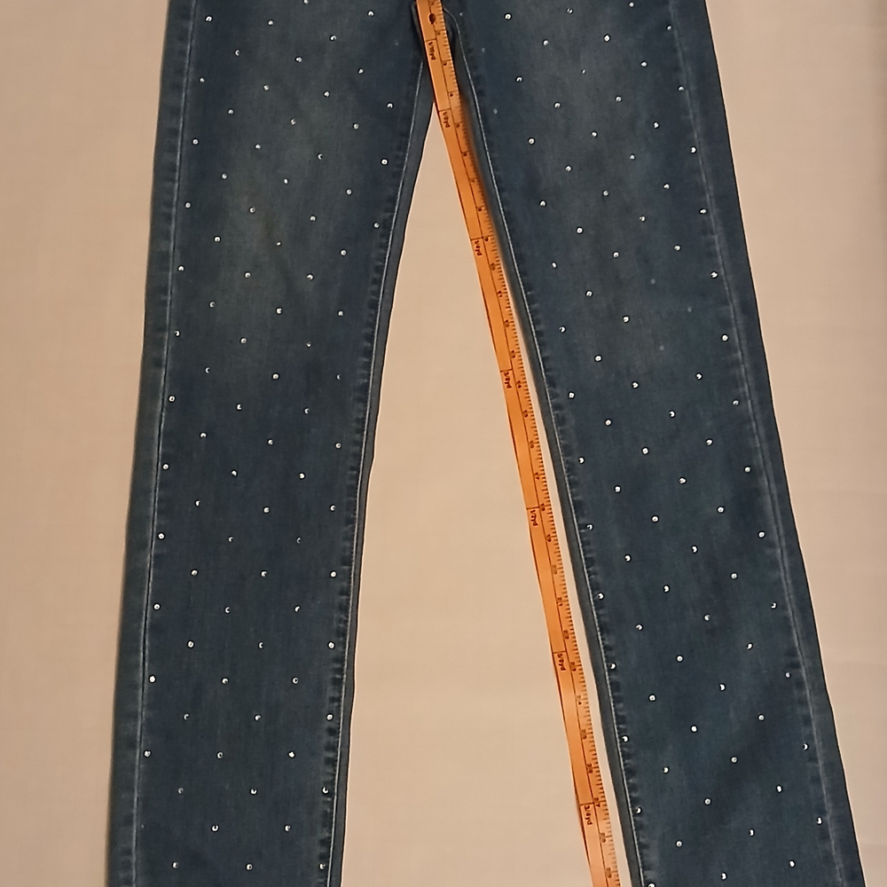 Bebe Woman's Straight Leg Mid Rise Jeans Rhinestone Size 27 Blue Denim Jeans #5A - Picture 14 of 16